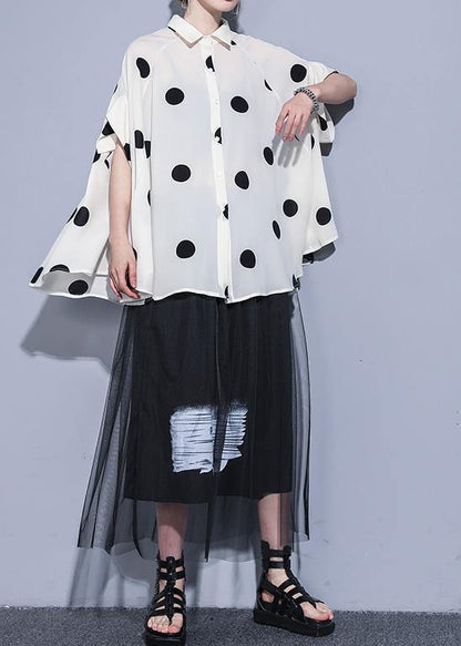 Modern Lapel Chiffon Tops Life Beige Dotted Summer Tops
