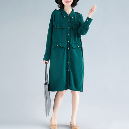 Modern Lapel Collar Cotton Tunics Fun Photography Green Midi Dress Spring