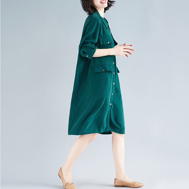 Modern Lapel Collar Cotton Tunics Fun Photography Green Midi Dress Spring