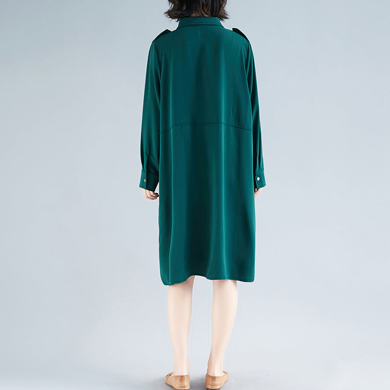 Modern Lapel Collar Cotton Tunics Fun Photography Green Midi Dress Spring