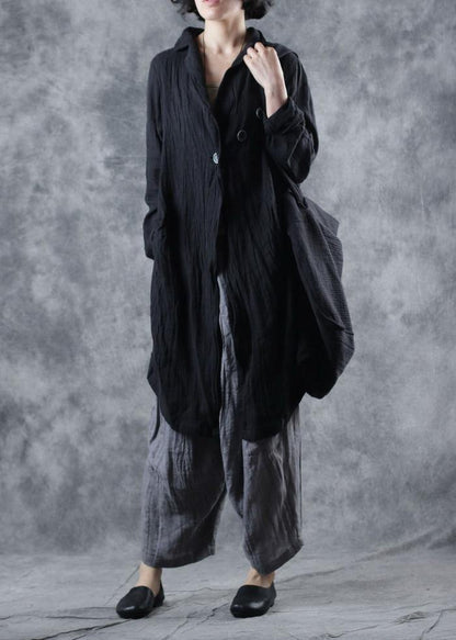 Modern Lapel Collar Linen Clothes Ideas Black Outwear Long Sleeve