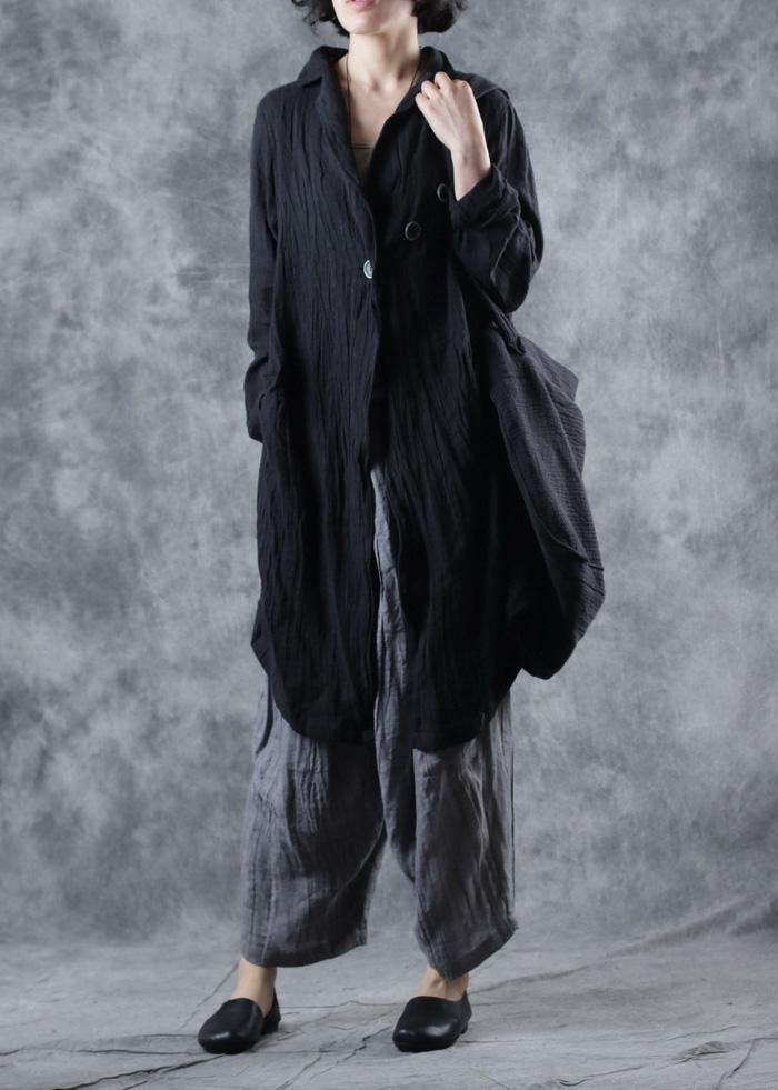Modern Lapel Collar Linen Clothes Ideas Black Outwear Long Sleeve