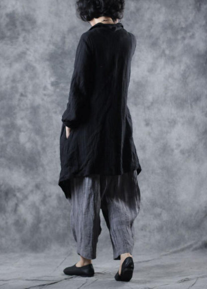 Modern Lapel Collar Linen Clothes Ideas Black Outwear Long Sleeve
