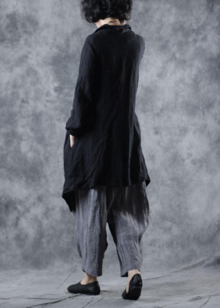 Modern Lapel Collar Linen Clothes Ideas Black Outwear Long Sleeve