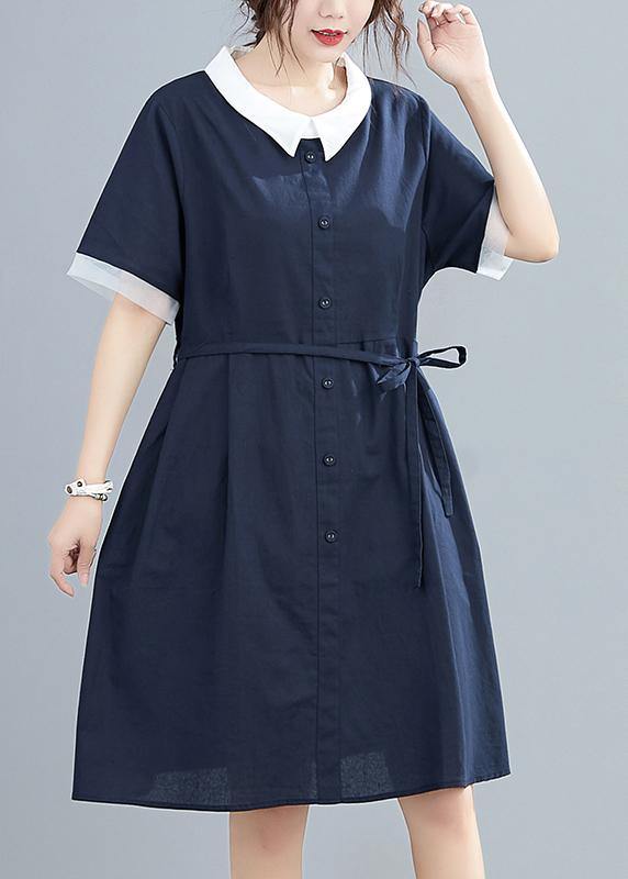 Modern Lapel Tie Waist Summer Clothes for Neckline Navy Dresses