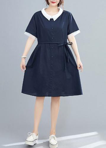 Modern Lapel Tie Waist Summer Clothes for Neckline Navy Dresses