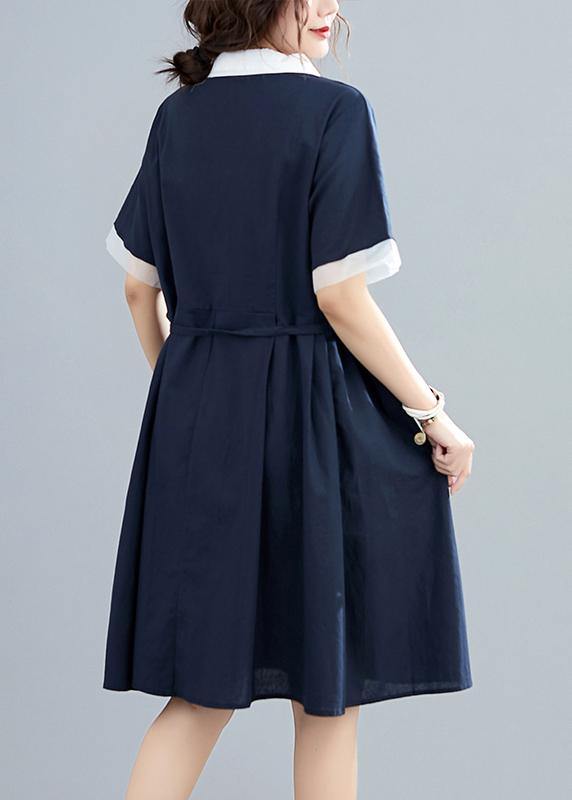 Modern Lapel Tie Waist Summer Clothes for Neckline Navy Dresses