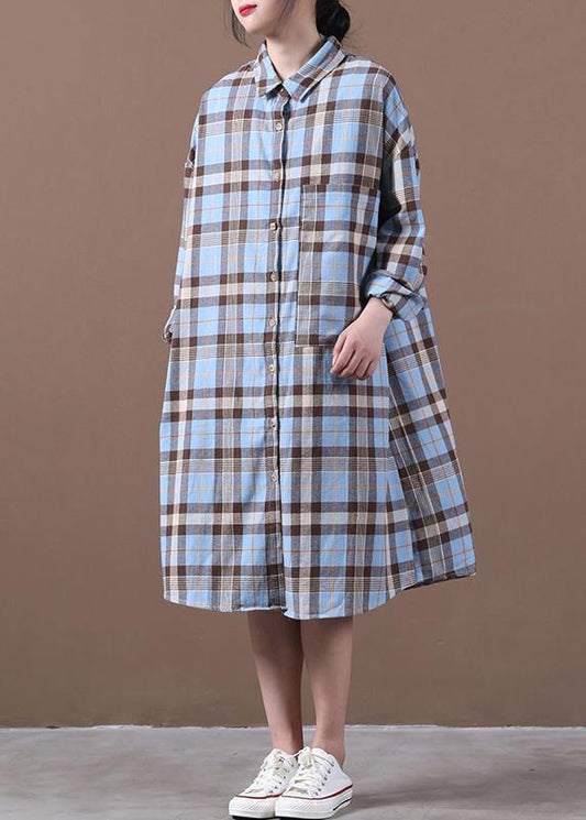 Modern Lapel Cinched Spring Long Shirts Work Outfits Blue Plaid Dresses