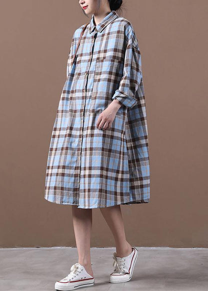 Modern Lapel Cinched Spring Long Shirts Work Outfits Blue Plaid Dresses