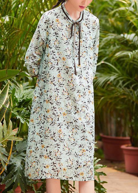 Modern Light Green Linen Robes Stand Collar Pockets Daily Summer Dresses