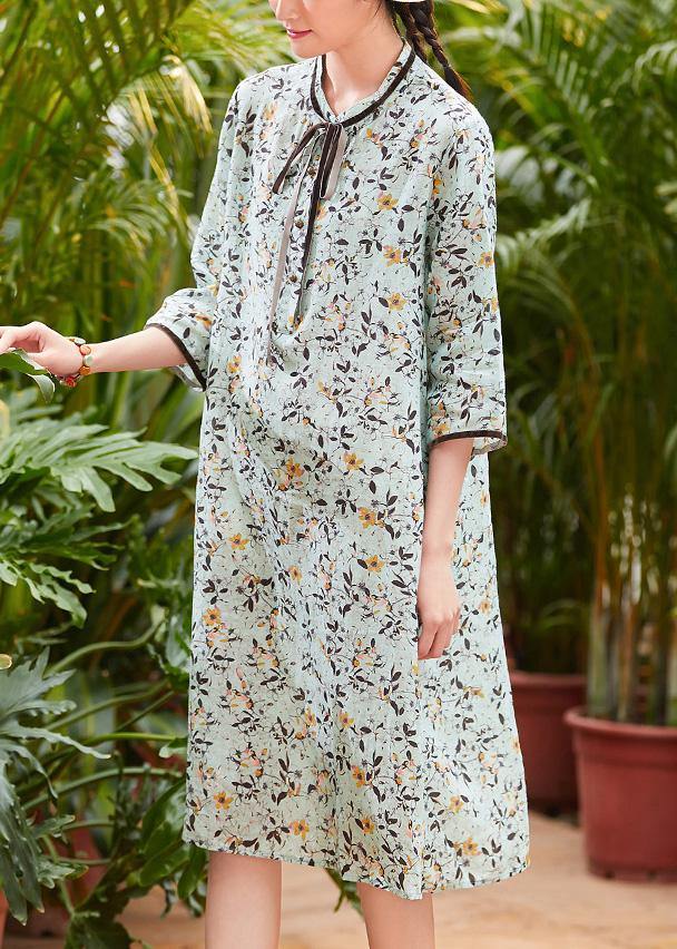 Modern Light Green Linen Robes Stand Collar Pockets Daily Summer Dresses