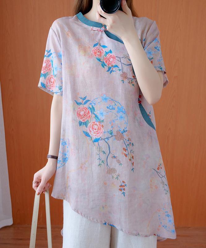 Modern Light Pink Print Top Stand Collar Asymmetric Art Tops