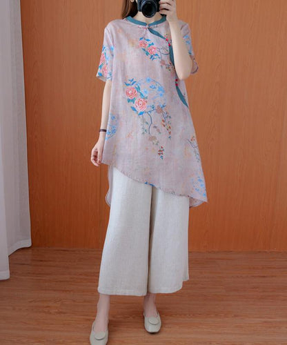 Modern Light Pink Print Top Stand Collar Asymmetric Art Tops