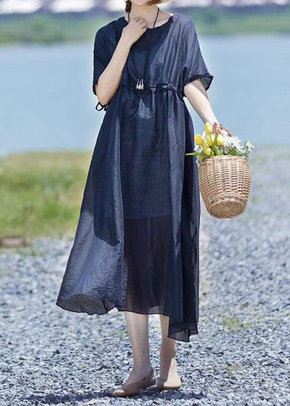 Modern Linen Clothes for Boutique Drawstring Pure Color Loose Maxi Dress