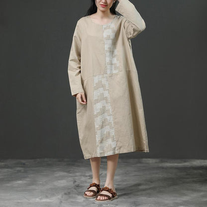Modern Linen Cotton Robes Long Sleeve Loose Beige Autumn Dress