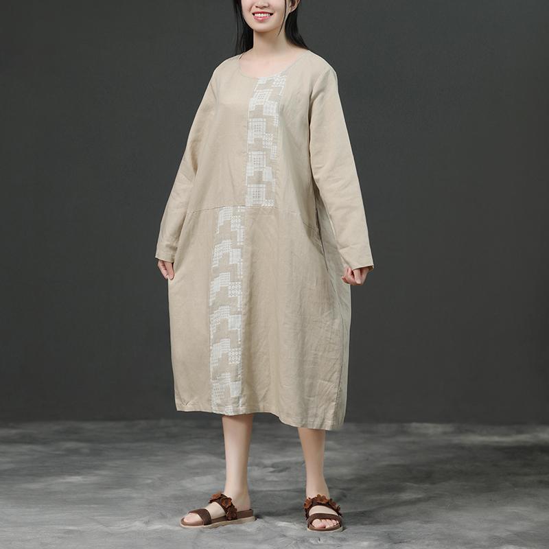 Modern Linen Cotton Robes Long Sleeve Loose Beige Autumn Dress