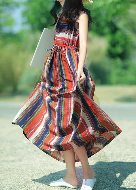Modern Multicolor Striped Linen Dress O Neck Drawstring a Line Summer Dresses