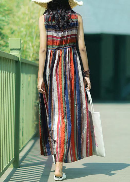Modern Multicolor Striped Linen Dress O Neck Drawstring a Line Summer Dresses
