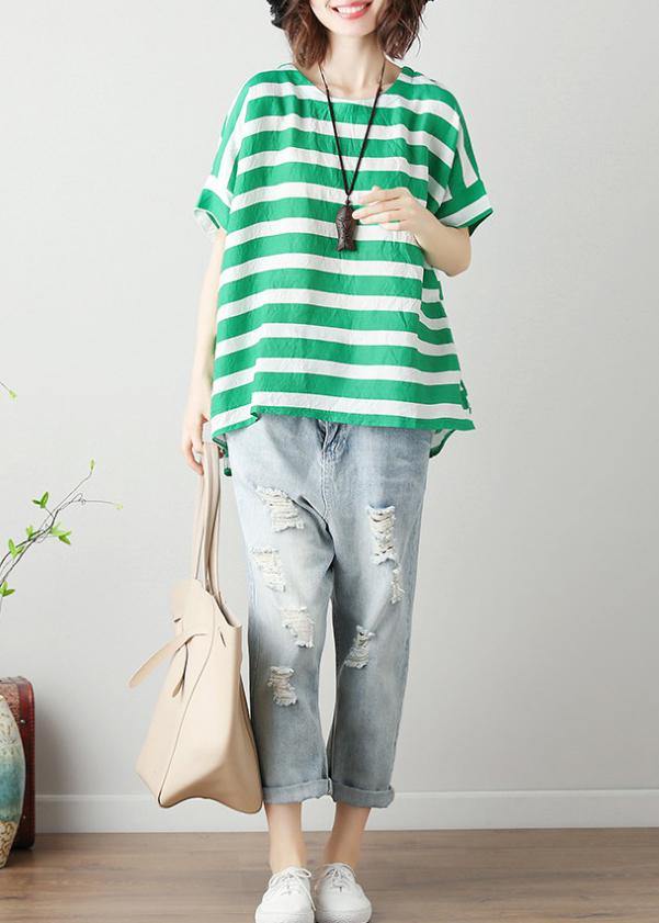 Modern O Neck Batwing Sleeve Cotton Linen Tops Blouses Christmas Gifts Green Striped Blouses