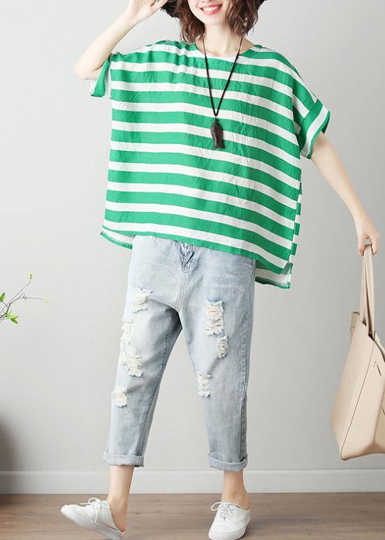 Modern O Neck Batwing Sleeve Cotton Linen Tops Blouses Christmas Gifts Green Striped Blouses