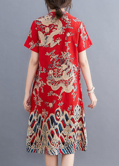Modern O Neck Chinese Button Tunic Dress Pattern Red Dragon Pattern Dresses