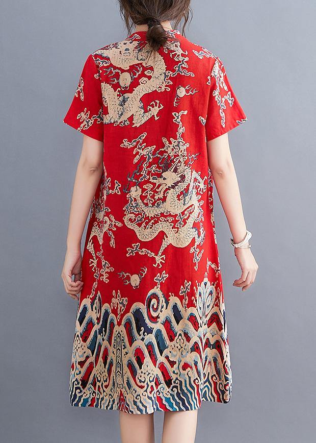 Modern O Neck Chinese Button Tunic Dress Pattern Red Dragon Pattern Dresses