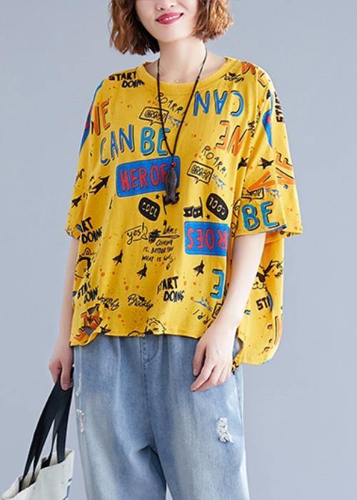 Modern O Neck Letter Cotton Clothes for Pattern Yellow Tops