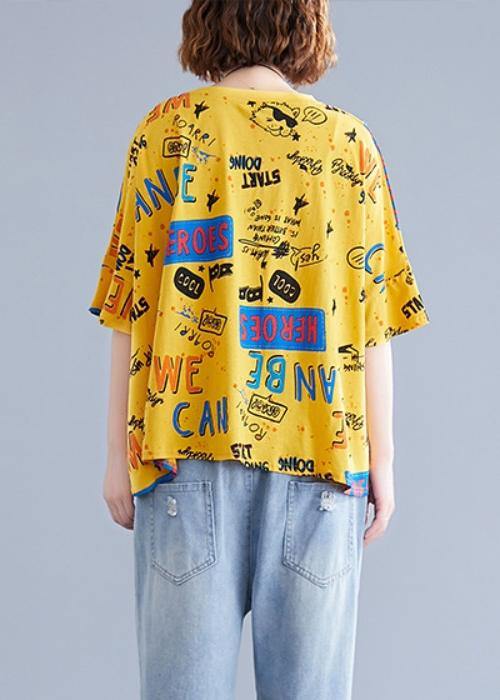 Modern O Neck Letter Cotton Clothes for Pattern Yellow Tops