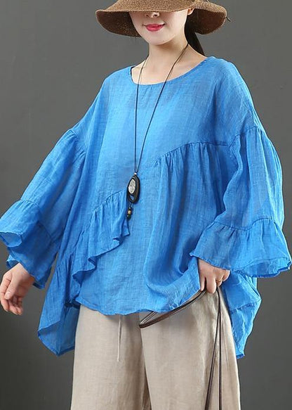 Modern O Neck Ruffles Linen Summer Clothes for Cotton Blue Tops