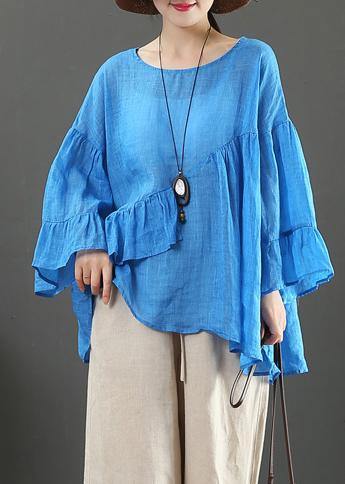 Modern O Neck Ruffles Linen Summer Clothes for Cotton Blue Tops
