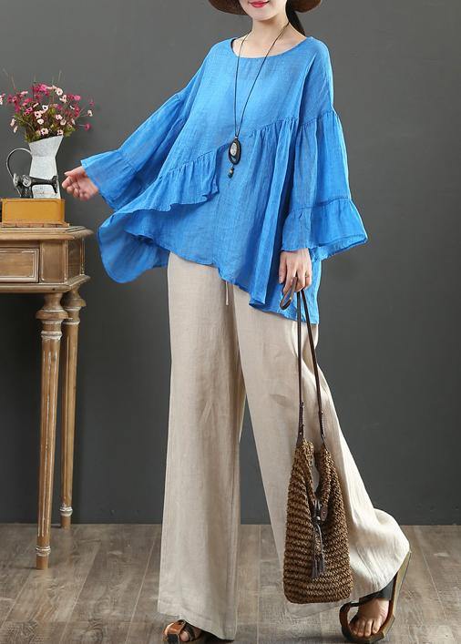 Modern O Neck Ruffles Linen Summer Clothes for Cotton Blue Tops