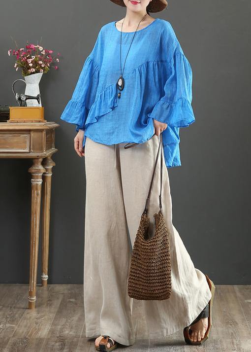 Modern O Neck Ruffles Linen Summer Clothes for Cotton Blue Tops