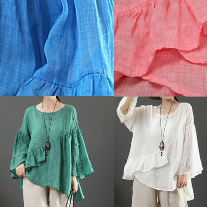 Modern O Neck Ruffles Linen Summer Clothes for Cotton Blue Tops