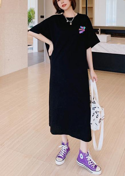 Modern O Neck Tunics Shirts Black Cartoon Print Maxi Dresses