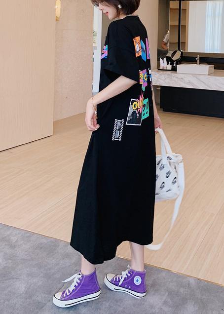 Modern O Neck Tunics Shirts Black Cartoon Print Maxi Dresses