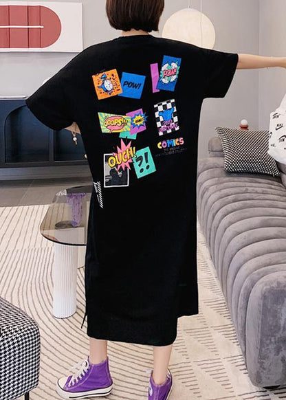 Modern O Neck Tunics Shirts Black Cartoon Print Maxi Dresses