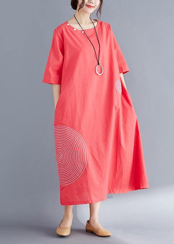 Modern O Neck Embroidery Cotton Tunic Top Work Outfits Red Maxi Dresses Summer
