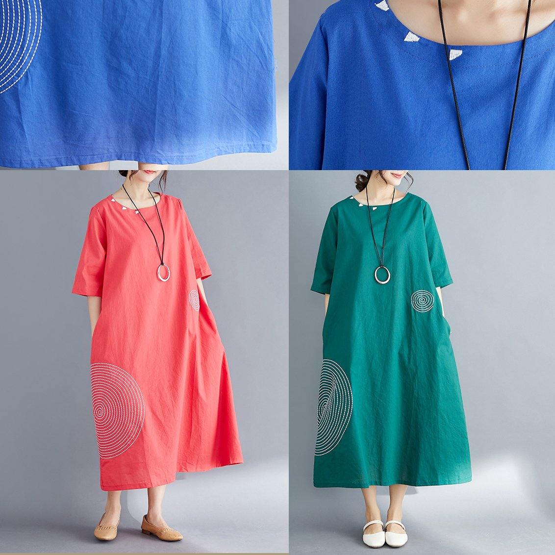Modern O Neck Embroidery Cotton Tunic Top Work Outfits Red Maxi Dresses Summer