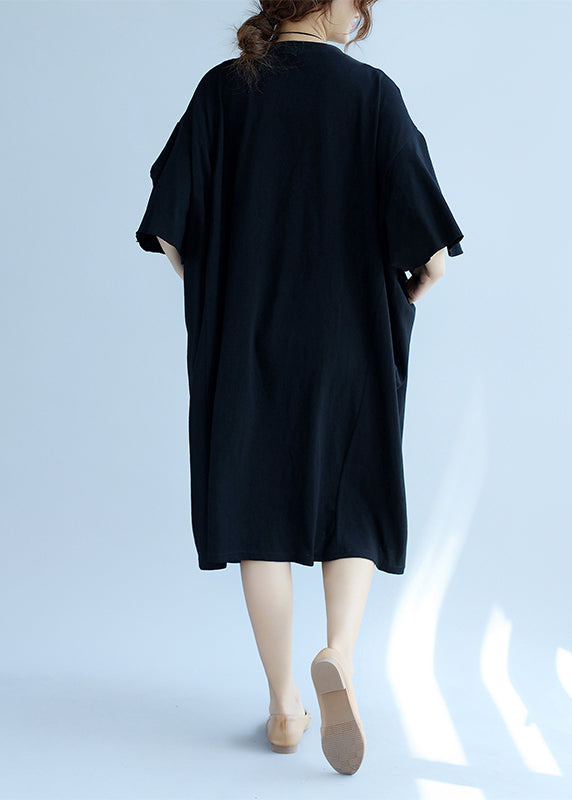 Modern O Neck Embroidery Linen Clothes Online Shopping Black Long Dresses Summer