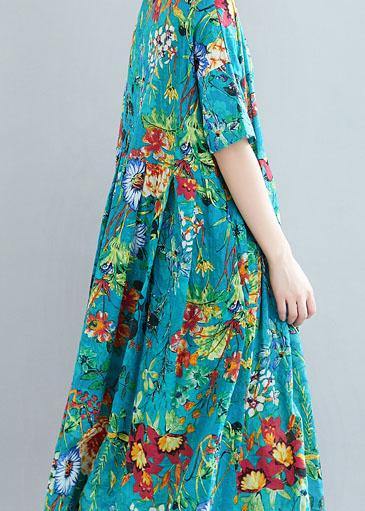 Modern O Neck Extra Large Hem Linen Cotton Summer Robes Runway Blue Print Dresses
