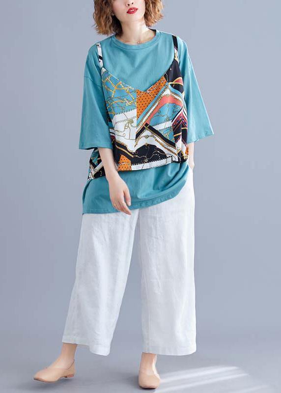 Modern O Neck False Two Pieces Cotton Shirts Blue Print Summer