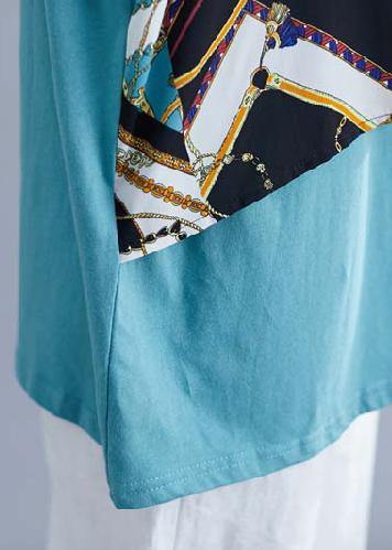 Modern O Neck False Two Pieces Cotton Shirts Blue Print Summer