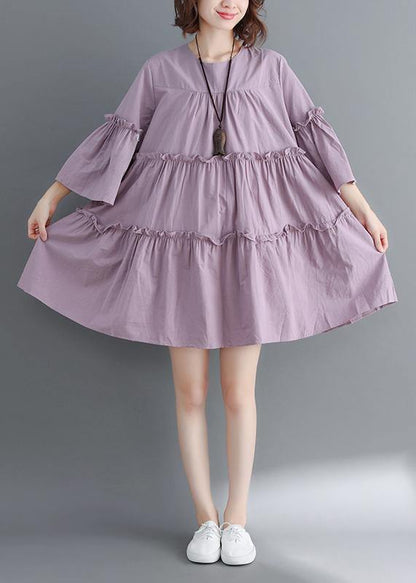 Modern O Neck Flare Sleeve Cinched Cotton Photography Purple Dress Summer