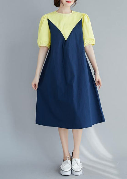 Modern O Neck Lantern Sleeve Cotton Summer Yellow Dresses