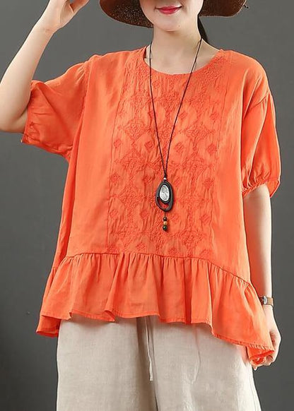 Modern O Neck Linen Clothes Work Outfits Orange Embroidery Top
