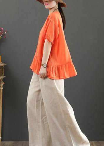 Modern O Neck Linen Clothes Work Outfits Orange Embroidery Top