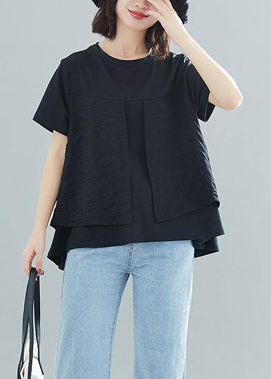 Modern O Neck Patchwork Cotton Clothes for Design Black Loose Blouses Summer