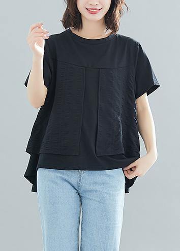 Modern O Neck Patchwork Cotton Clothes for Design Black Loose Blouses Summer