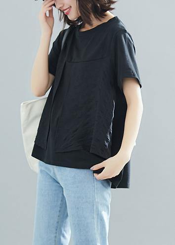 Modern O Neck Patchwork Cotton Clothes for Design Black Loose Blouses Summer