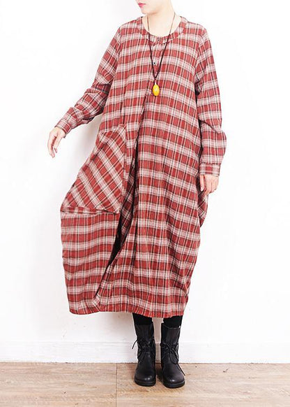 Modern O Neck Patchwork Cotton Quilting Dresses Work Red Plaid Art Dress
